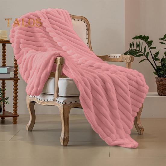 Summer AC Flannel Blanket Thickened Double-sided Plush Striped Texture Solid Color Office Nap Home Bed Sofa Travel Cozy Warm Winter Blanket
