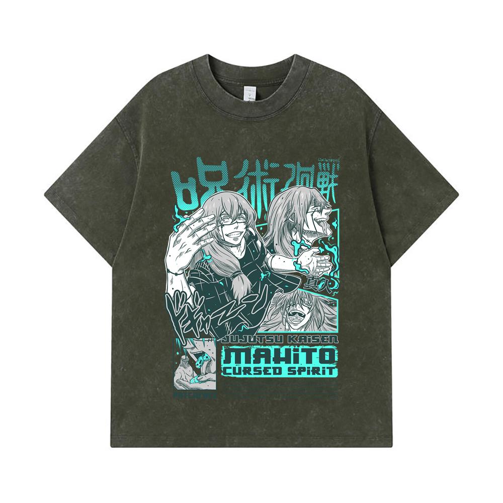 

Стиранные футболки 275 г/м² 100% Хлопок Jujutsu Kaisen V63 Принт Махито Унисекс Плотная хлопковая футболка S армия зеленый
