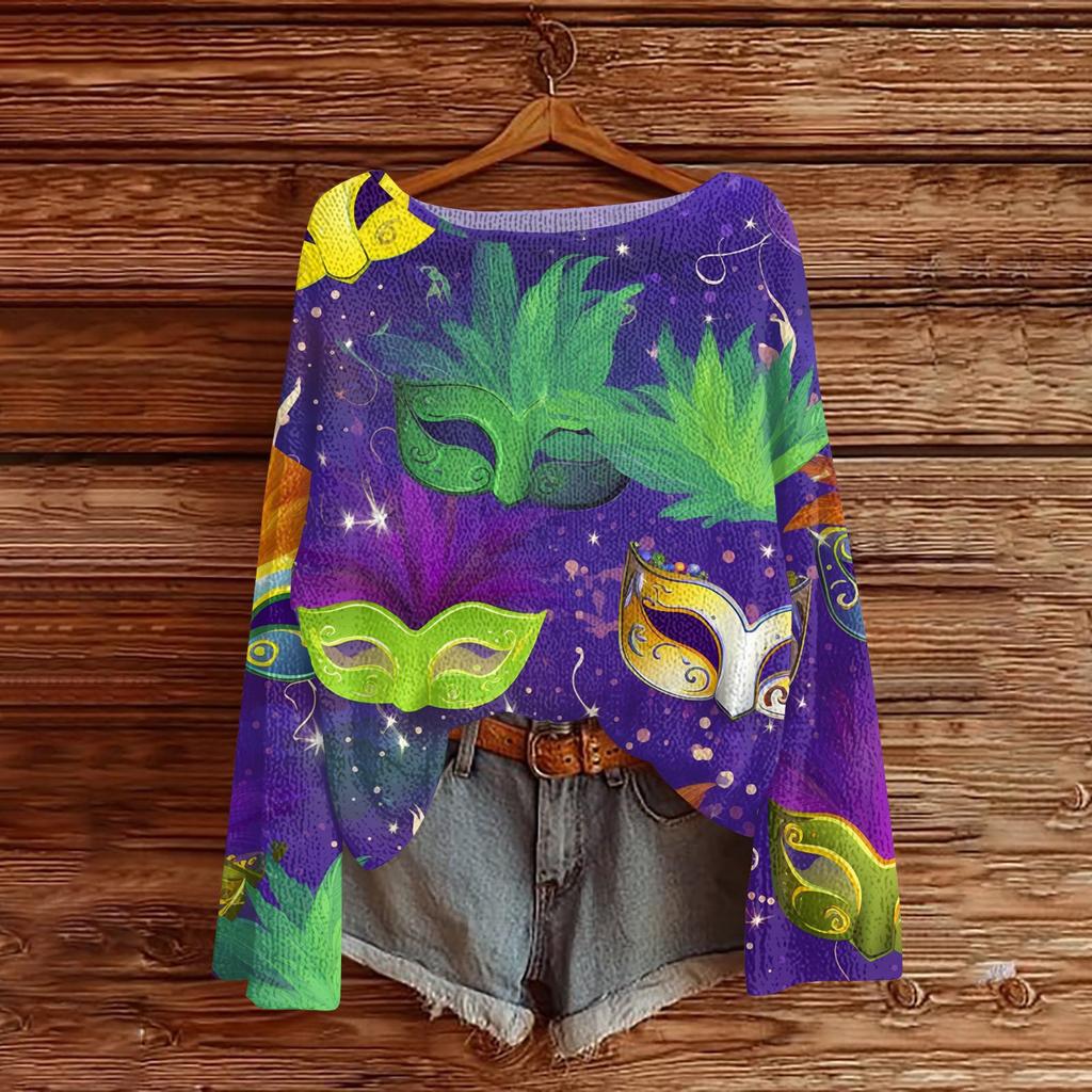 Women's Fashion Round Neck Long Sleeve Print Casual Pullover Sweater Top