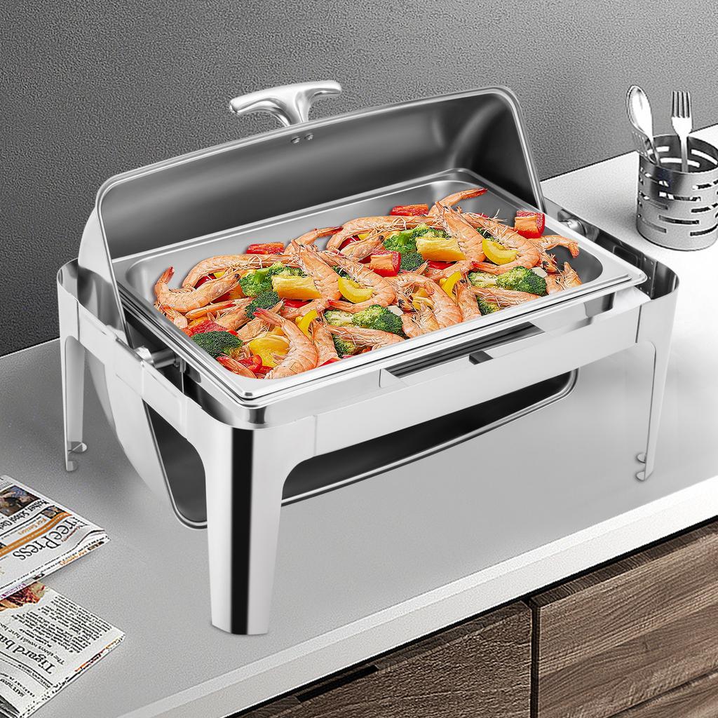 Roll Top Square Chafing Dish, Single Compartment 9L Buffet Server, 64x46x44cm Stainless Steel Food Warmer, Catering Supplies