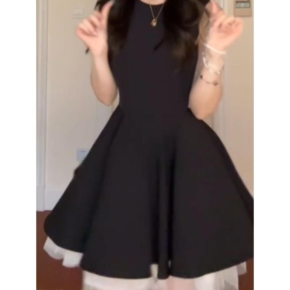 Contrasting mesh splicing vest dress women's summer temperament waist sleeveless fluffy princess short skirt