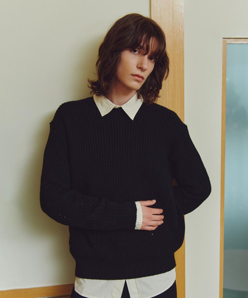 KNITTED Cotton Waffle Crewneck Knit Black