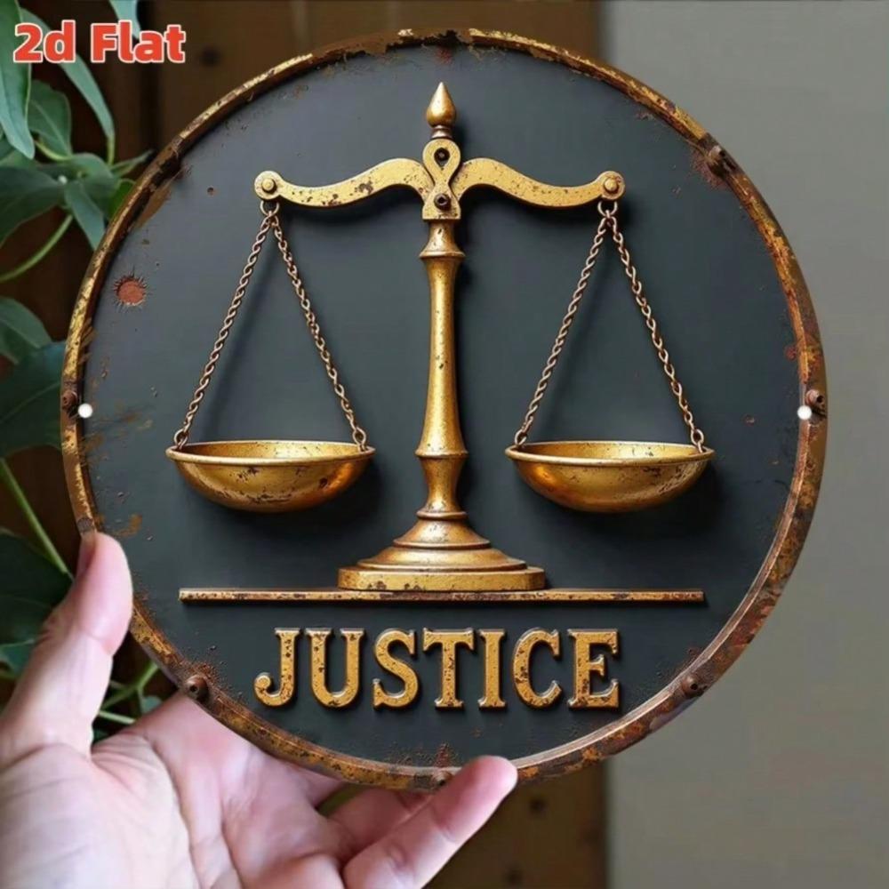 Vintage Justice Scales Metal Tin Sign Golden Sword 2D Flat Aluminum Wall Art Decor