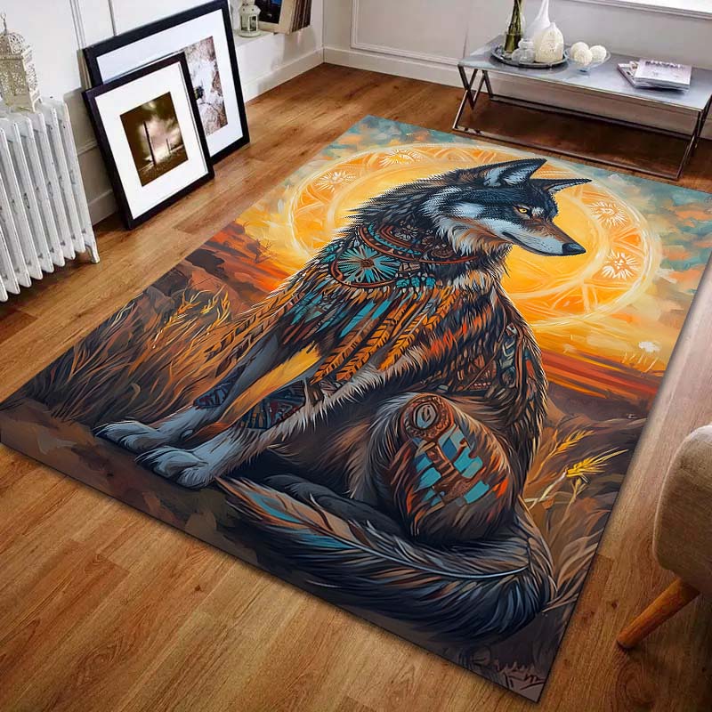 Various Sizes Aboriginal Style Wolf Print Carpet for Living Room Bedroom Bedside Sofa Floor Mat Modern Home Decor Large Size