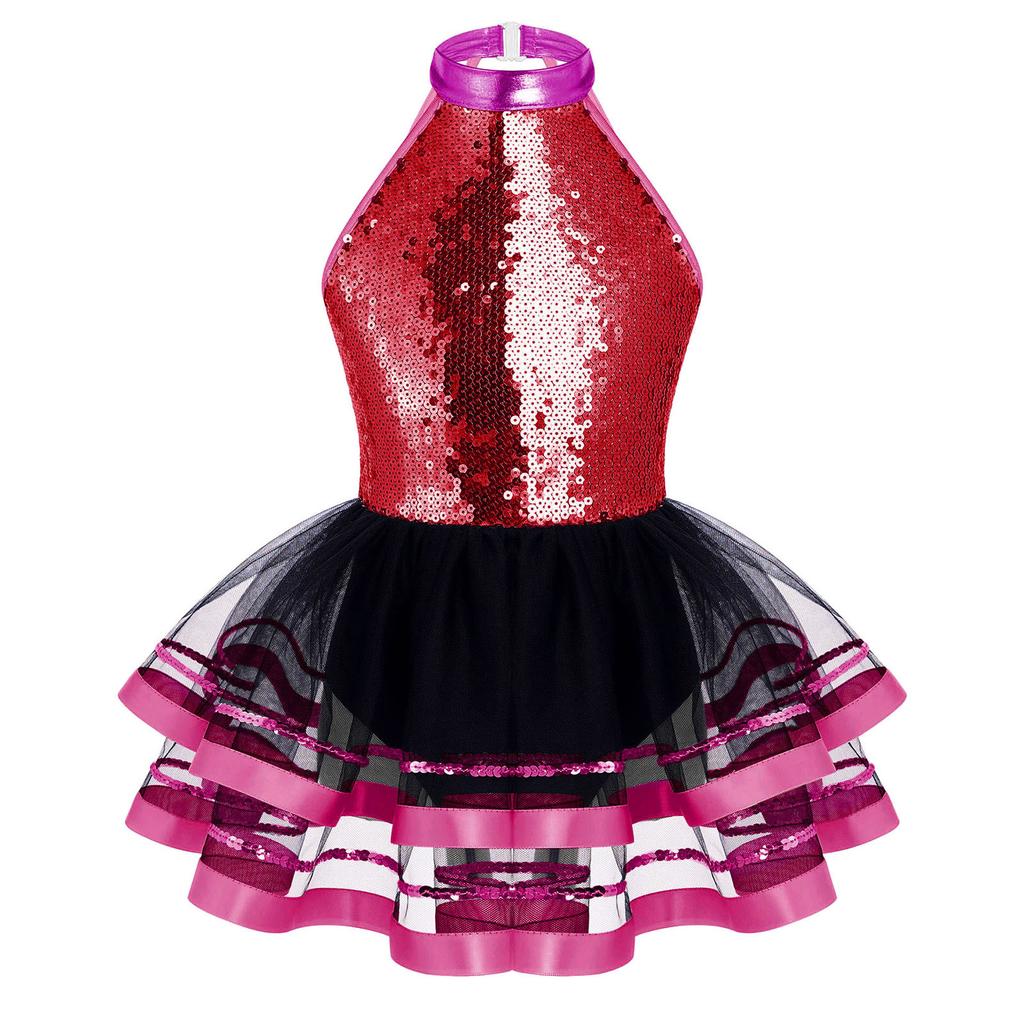 Gymnastics Dress for Girls Sparkling Sequins Ballet Dance Dresses Hollow Back Skirted Ballerina Costume