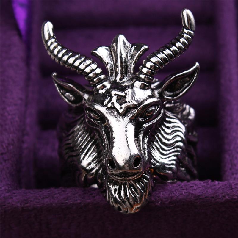 Retro Sigil of Baphomet Large Ring For Men Punk Gothic Rock Hiphop Open Ring Handmade Designer Zircon Biker Accessories Gift