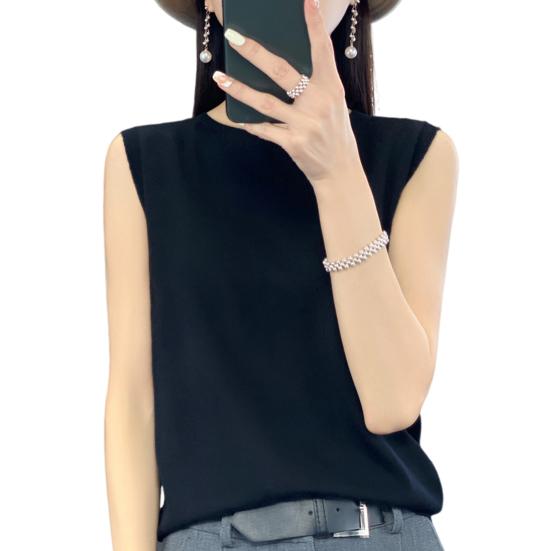 

Вязаный жилет круглый однотонный женский камзол с отделкой обычного кроя с ребристым вырезом без рукавов, летний бесшовный низ S чёрный