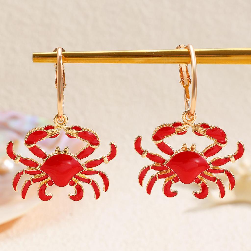 European & American Beach Resort Alloy Drip Oil Red Lobster & Blue Crab Earrings for Women