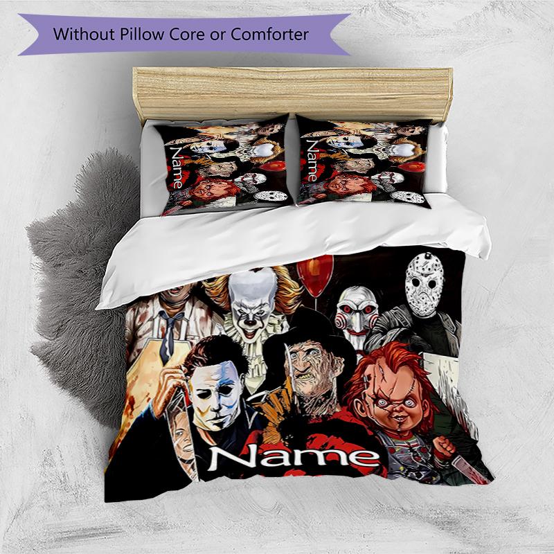 3pcs Custom Name Cartoon Horror movies Bedding Set Duvet Cover Closure Includes 1 Duvet Cover & 2 Pillowcases for All Seasons Bedroom Decor
