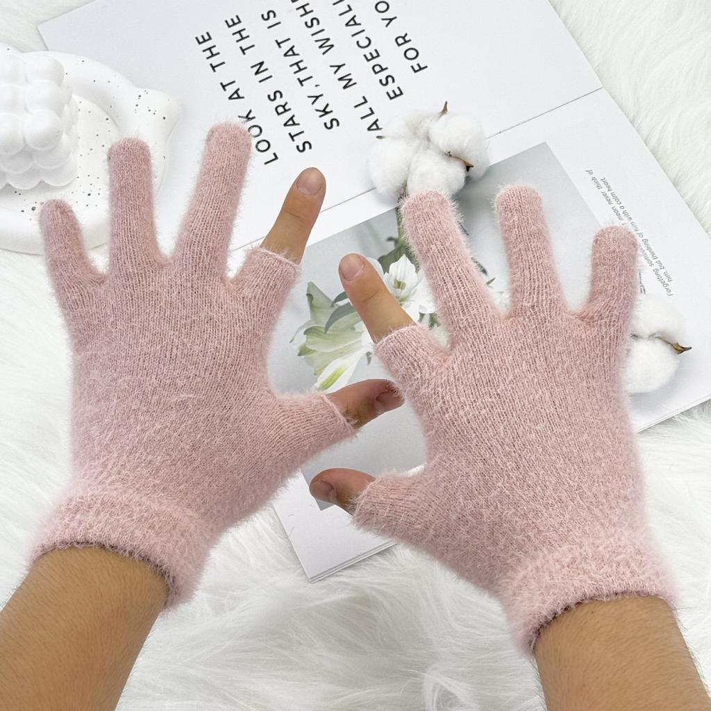 Two-half Finger Imitation Mink Gloves Autumn and Winter Student Writing Cycling Women's Finger Gloves Solid Color Commuting Warm Gloves