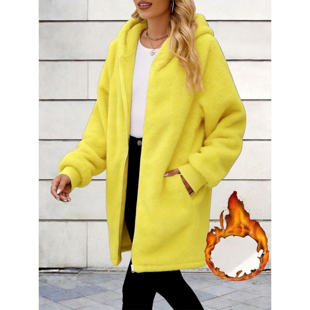 Damen Plüsch Reißverschluss Jacke Mit Kapuze Locker Langarm Pelzig Strickjacke Winter