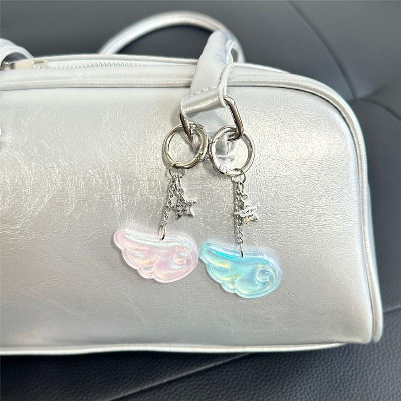Sweet Bright Color Resin Keychain Angel Wing And Star Design Trendy Gift For Teen Girls Lightweight Decors