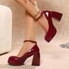 2025 Summer Fashion Ankle Strap Thick Sole High Heels  Round Toe Mary Jane Shoes New Women's Casual Wedding Bride Red High Heels