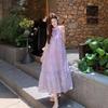 Gentle wind purple flower sleeveless neck dress women's summer loose skirt French holiday dress big swing dress