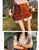 Women's Corduroy High-Waist A-line Skirt, Slimming Fit, Plus Size, Coffee Color, Short, Petite - Spring/Autumn 2024