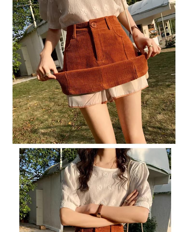 Women's Corduroy High-Waist A-line Skirt, Slimming Fit, Plus Size, Coffee Color, Short, Petite - Spring/Autumn 2024