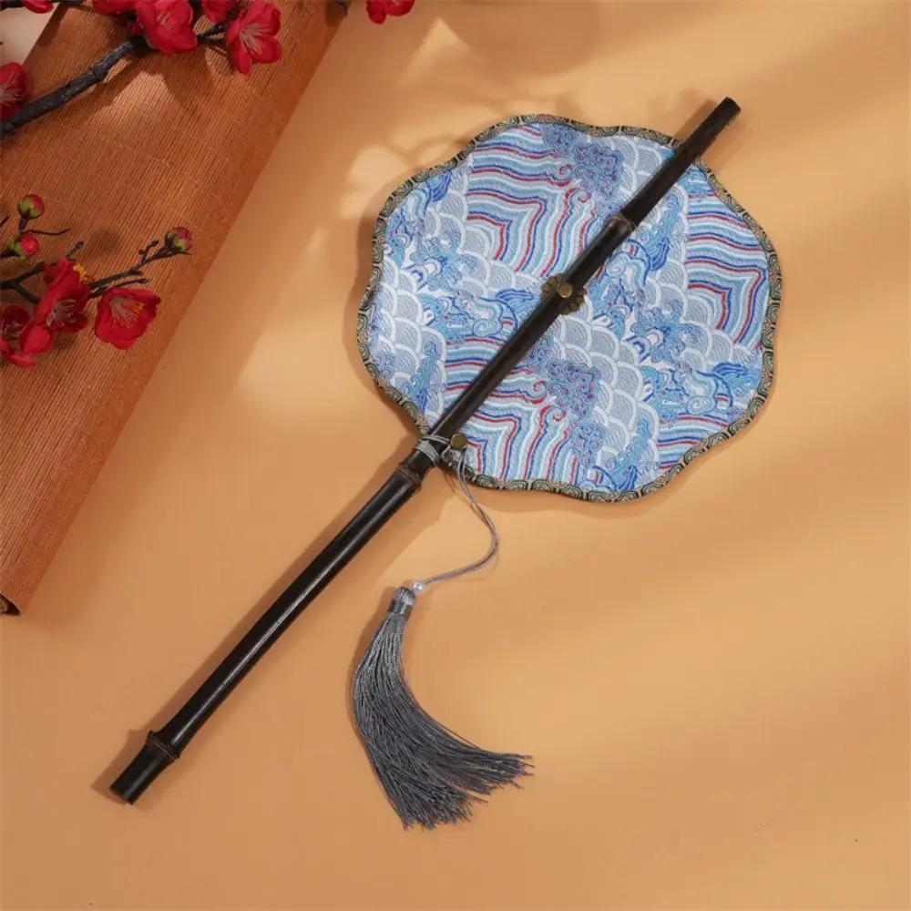 Retro Ancient Style Chinese Bamboo Waist Fan Rollable Foldable Long Handle Fan Decorative Cooling Group Fan Hanfu