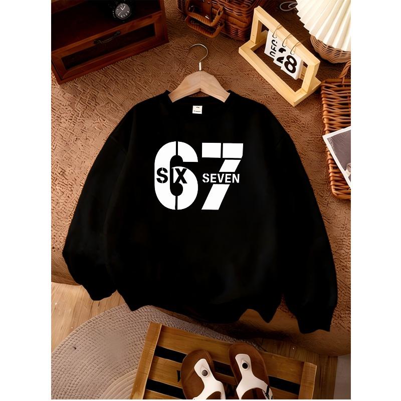 Kids Unisex Crewneck Sweatshirt, Minimalist Block Split 67 SIX SEVEN White Print Long Sleeve Pullover, Soft Fleece Sweatshirts for Boys Girls Ages 4+