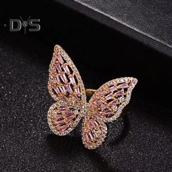 Pierścionek damski Hollow Out Butterfly Shape Rhinestone Alloy Regulowany pierścień otwierający Bankiet Party Wedding Jewelry
