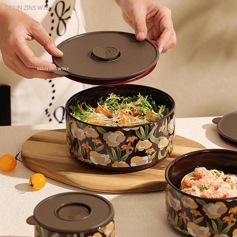 French Fresh-keeping Bowl with Lid Sealed Ceramic Bowl Microwave Oven Heating Bento Box Exquisite Home Noodle Bowl Friend Gift
