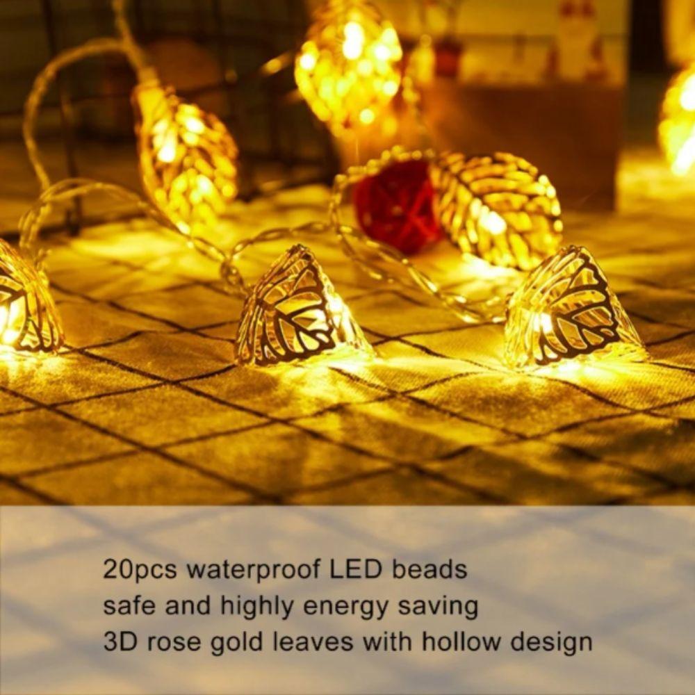 Warm White LED Decorative Lamp Golden Metal Leaf Shaped Design Decorative Lights Hollow Design Battery Operated Atmosphere Light
