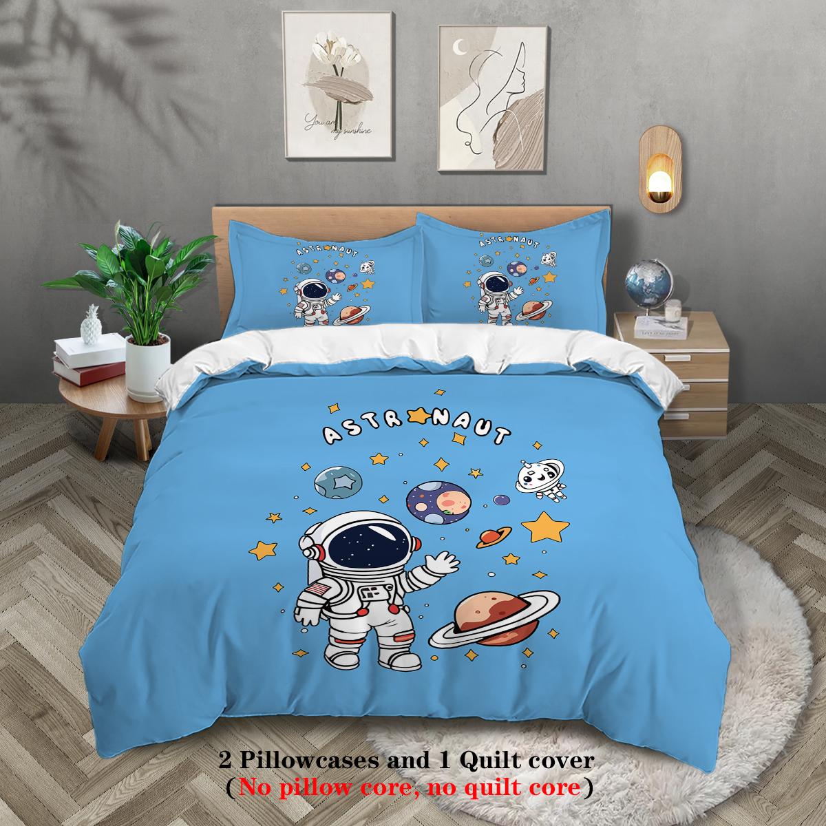

3-piece down duvet cover with blue cartoon astronaut pattern print (1 duvet cover+2 pillowcases, no core) bedding set 135x200cm-EU-Single