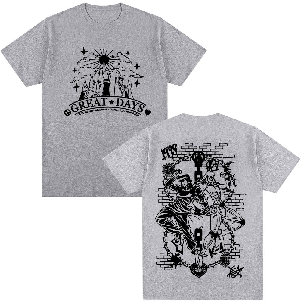 Anime Jojo Bizarre Adventure Higashikata Josuke Great Days T Shirts Unisex Casual Cotton Y2K Short Sleeves Oversized Top Streetwear