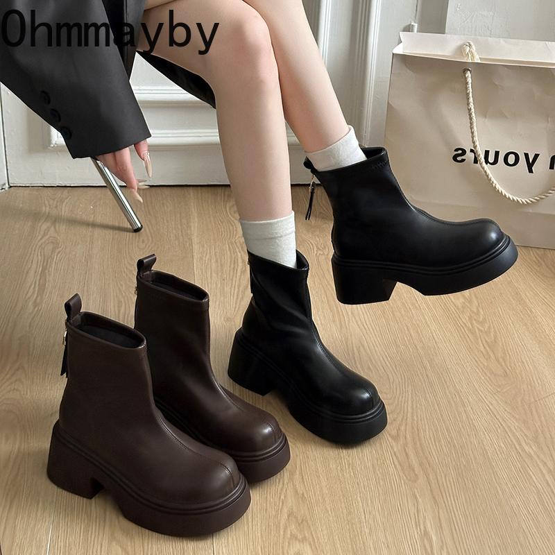 Retro Chunky Heel Women Ankle Fashion Round Toe Zippers Autumn Winter Mordern Short Botines Para Mujeres
