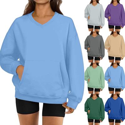 Sweat-shirt à manches longues et col en V pour femme, couleur unie