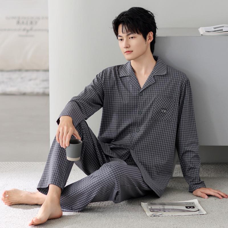 Pajamas Men'S Spring And Autumn Pure Cotton Long-Sleeved Autumn Plaid High-End Sense Can Be Worn Outside Qingzhong Spring Loungewear Suit