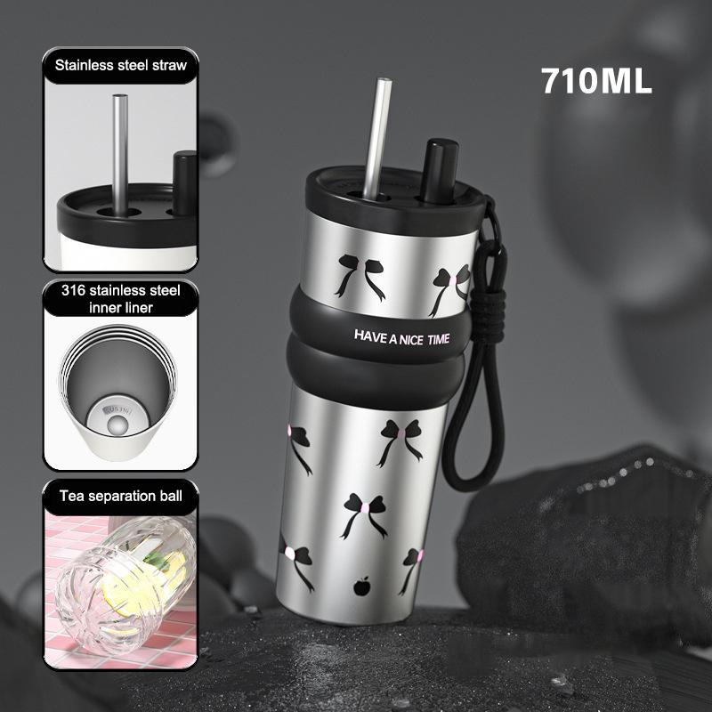 710ML Stainless Steel Cup Bow Cherry Flower Print Insulation Or Cooling High-capacity Cup With Lifting Rope Insulated Cup