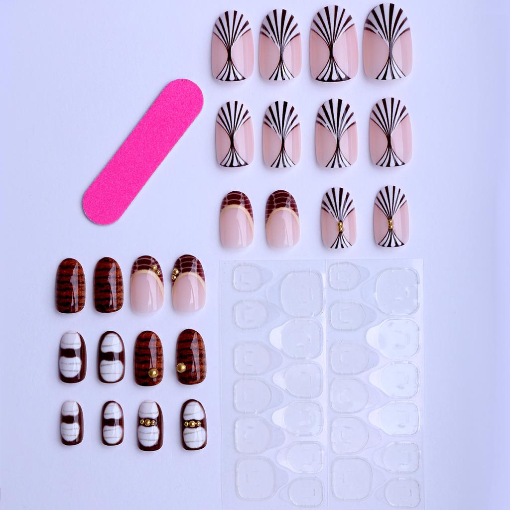 24-piece oval-shaped press-on nails in autumn and winter, ins-style coffee color with crocodile pattern