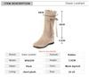 Fashion Women Winter New Versatile Boots Mid Calf Low Heeled Zip Boots Chunky Heel Bow Boots Sweet Girls Botas Mujer Black Apricot
