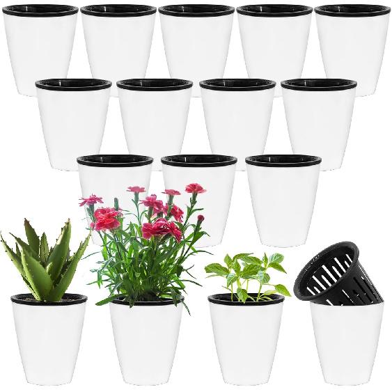 OJYUDD 16 Pcs 4 Inch Self Watering Plastic Planter with Inner Pots,White Modern Plastic Flower Planter Pots,Self Watering Decorative Flower Pots for