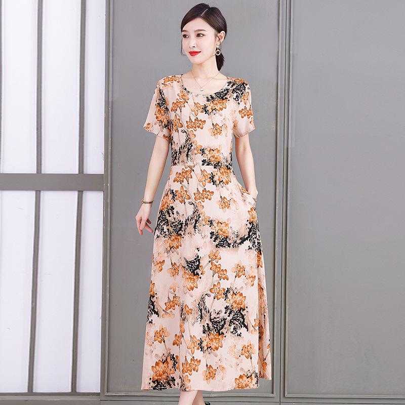 2023 Plus Size Floral Summer Cotton Dress for Middle-Aged Women