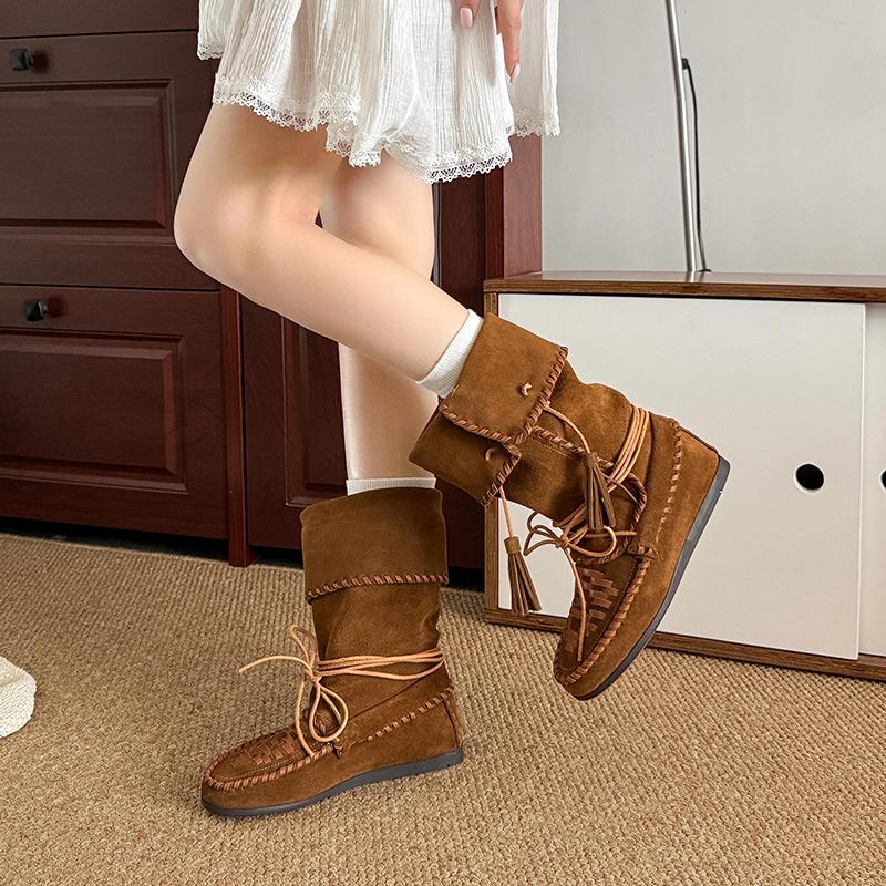 Módní Retro Pletené Střapce Šněrovací Dámské Westernové Kotníkové Boty Ohrnutý Okraj Vnitřní výška Poloviční Holenní Boty Dámské Venkovní Ležérní Boty