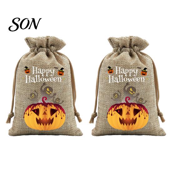 Lightweight Candy Carriers 2Pcs Halloween Pumpkin Drawstring Bags for Treats, Retro Burlap Pattern Party Favors Trick or Treat Bags, Portable