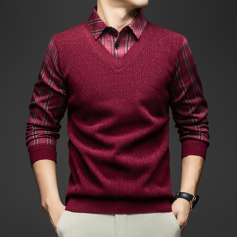 Men s Lapel Fake Two-Piece Long Sleeve Knitwear Winter Plaid Plush Thickening Fashion Business Menswear Top M