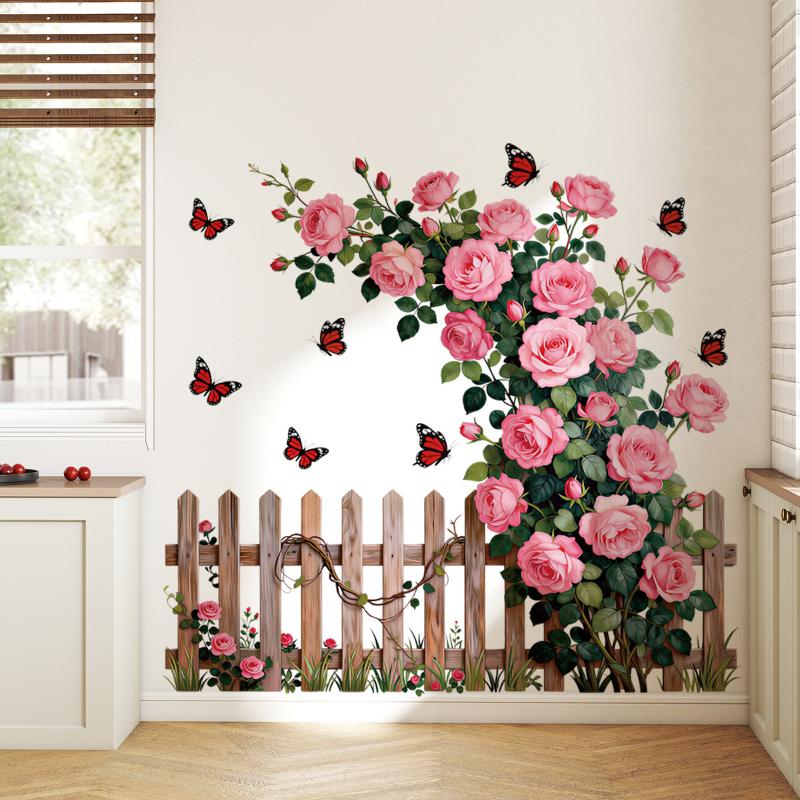 Romantic Rose Wall Decals, Rose Vine Fence Floral Stickers Wall Art Murals, Peel And Stick Self-Adhesive Stickers For Girls Bed