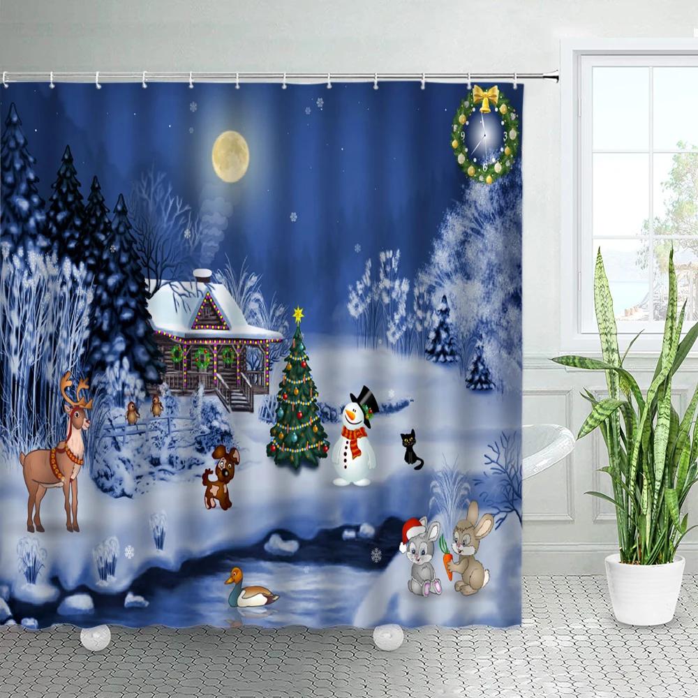 Funny Cartoon Santa Claus Snowman Christmas Shower Curtains Set Winter White Cedar Snowflake Holiday Decor Xmas Bathroom Curtain