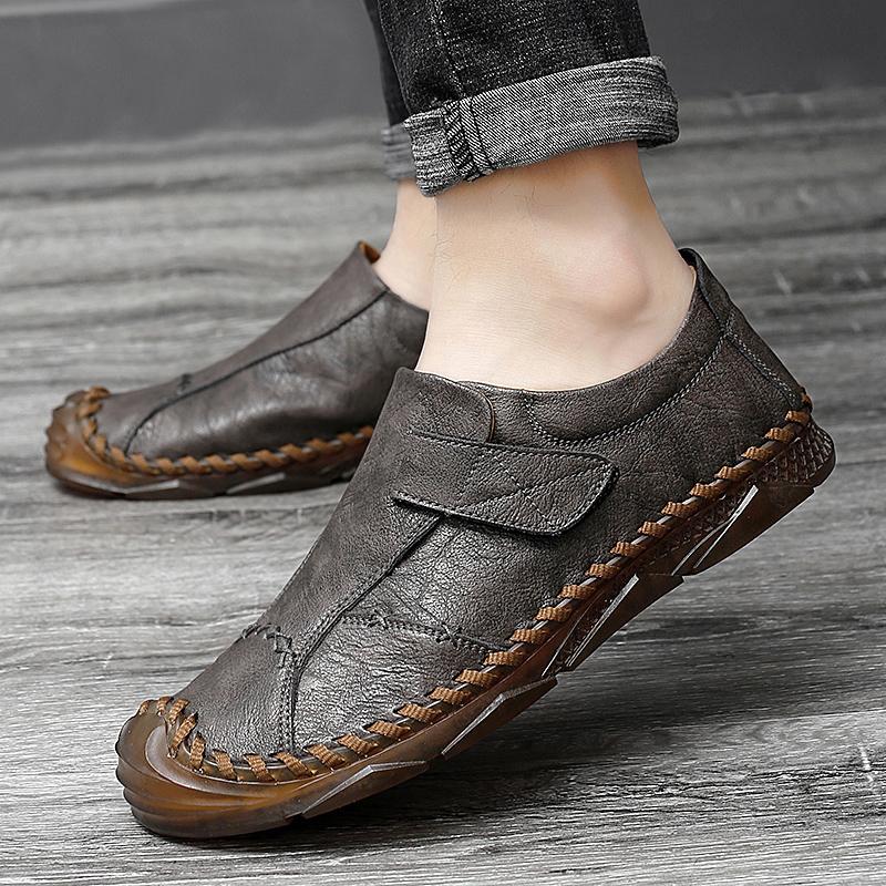 

New Fashion Men Casual Shoes Handmade Leather Loafers Comfortable Mens Shoes Quality Split Leather Flat Driving Shoes Size 47 38 серый