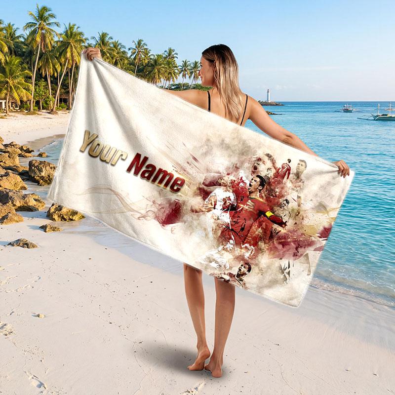 Cristiano Ronaldo Custom Beach Towel, Personalized Name Text Print, Football Logo Soft Quick‑Dry Towel Holiday Gift