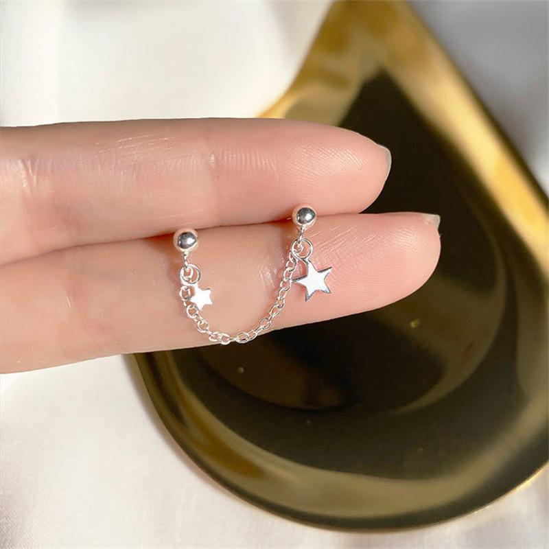 New copper Color Chain Tiny Star Pendants Women's Mini Tassel Earrings Two Studs Punk Personality Ear Decoration Unusual Earring