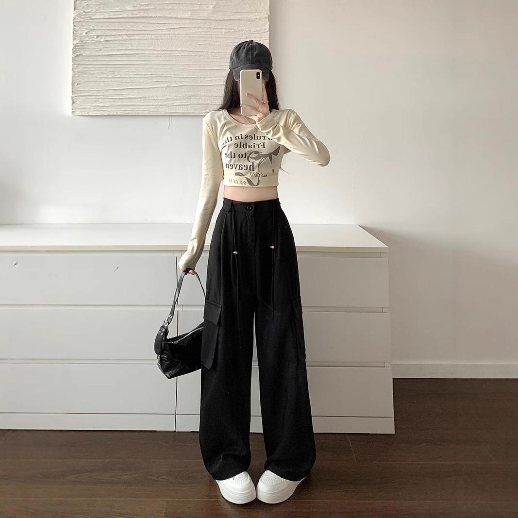 

Раннеосенние драпирующиеся свободные прямые брюки широкие штанины американские с высокой талией и стройнящие комбинезоны на резинке женские брюки 4XL чёрный