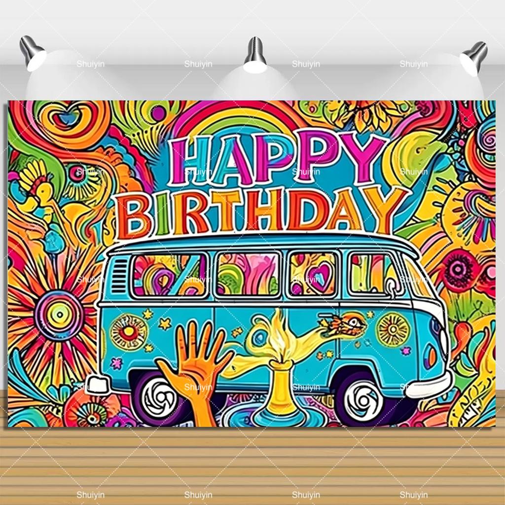 Colorful Peace Love Retro Hippie Bus Dyed Backdrop Kids Birthday Party Decorations Bohemian Style Guitar Floral Photography Prop