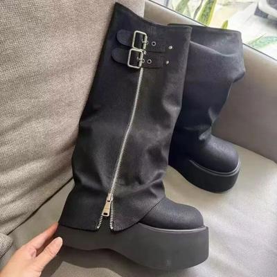 Modische, modische Gürtelschnalle, elegante Plateaustiefel für Damen, lässig, dick, kniehohe Stiefel, coole Damenschuhe