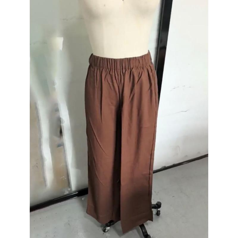 Cotton Linen Pants Suits Women 2-piece Set Loose V-neck Top with Elastic High Waist Wide Leg Pant No Pocket Commut Casual 2025 Spring Summer