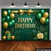 2D Green Gold Happy Birthday Backdrop Banner Balloon Bow Leaf Party Background Decor