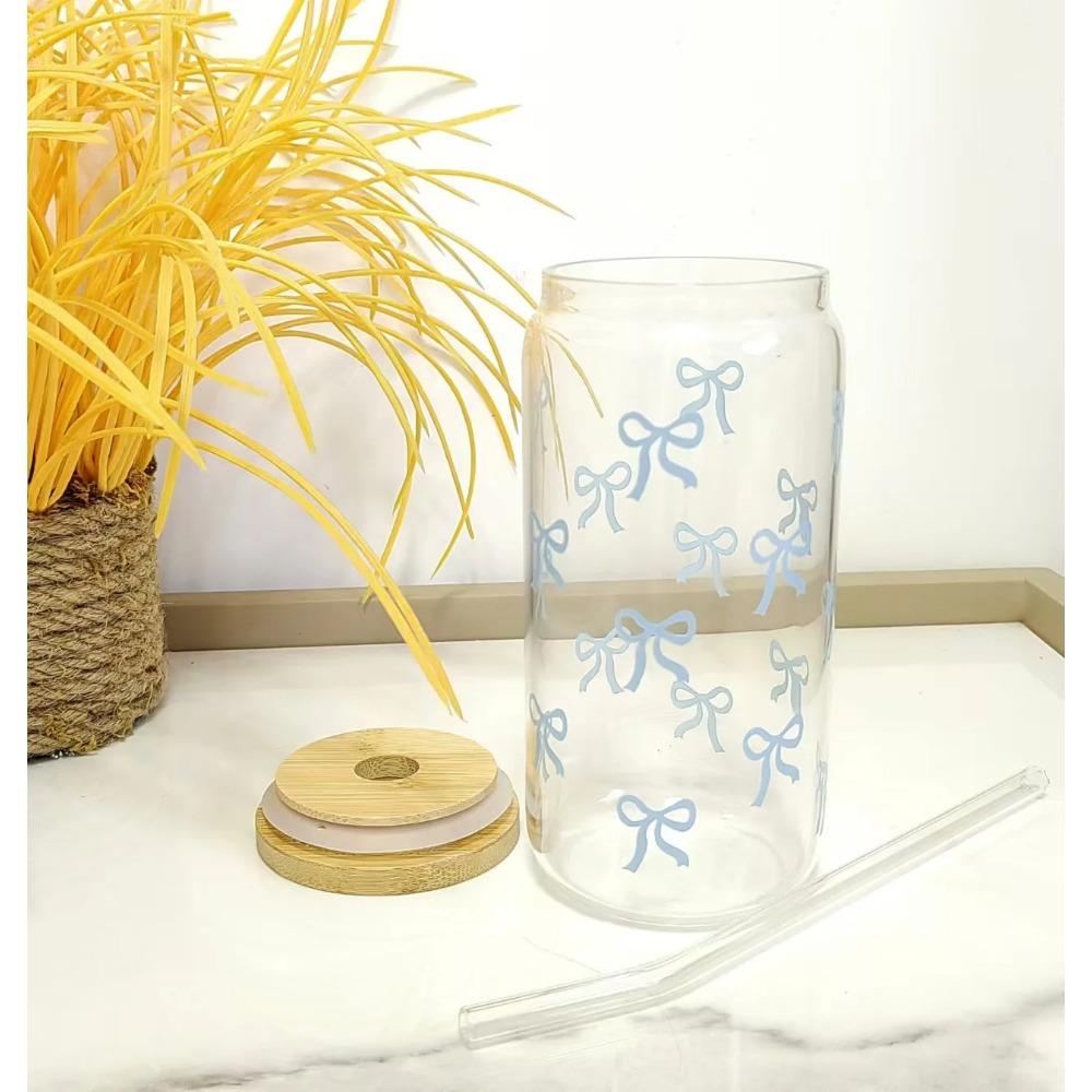 500ml Roztomilý skleněný hrnek s mašličkou, tumbler, láhev na vodu ve tvaru zavařovací sklenice s víčky a brčkem, hrnky na kávu, párty dárek na ledovou kávu, sklenice na džus