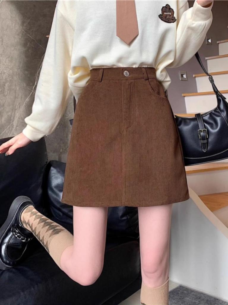 2024 Autumn/Winter Women's Corduroy High Waist Bodycon A-line Midi Skirt, Slimming and Petite Fit